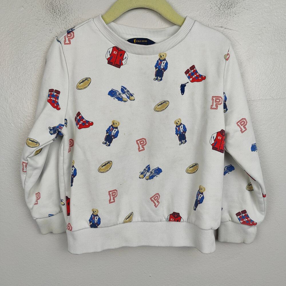 Polo Sport‎ Sweatshirt Boys 4 White Polo Bear Rugby Print Cotton Terry